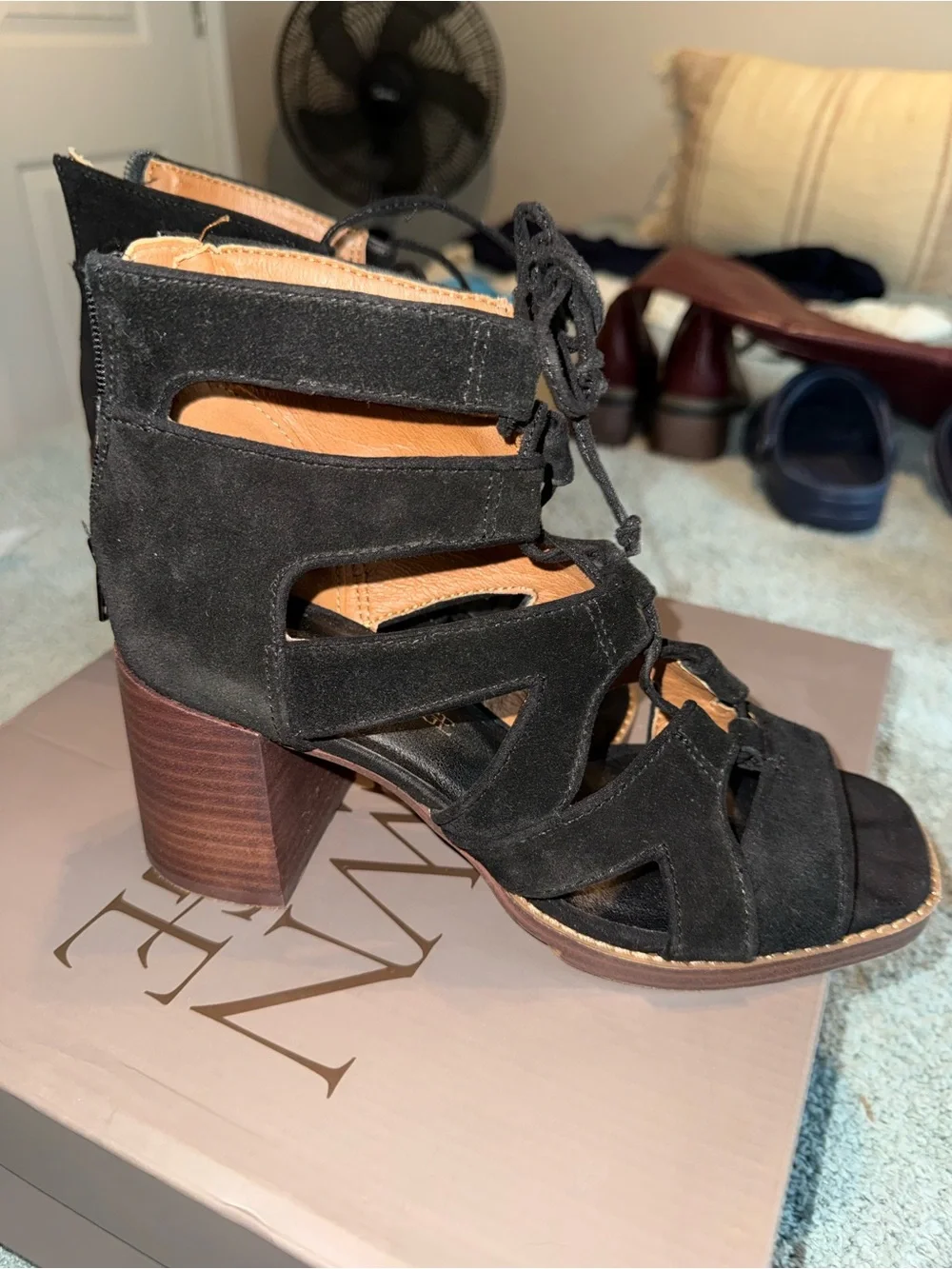Crown vintage Women's Black Suede Lace-Up Block Heel
